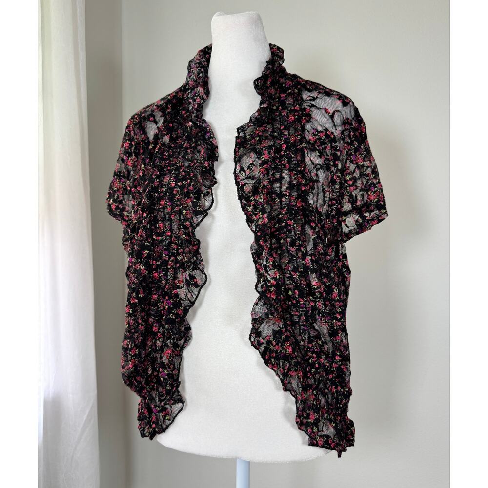 Drama Gold Sheer Black Floral Lace Stretchy Short Sleeve Cardigan